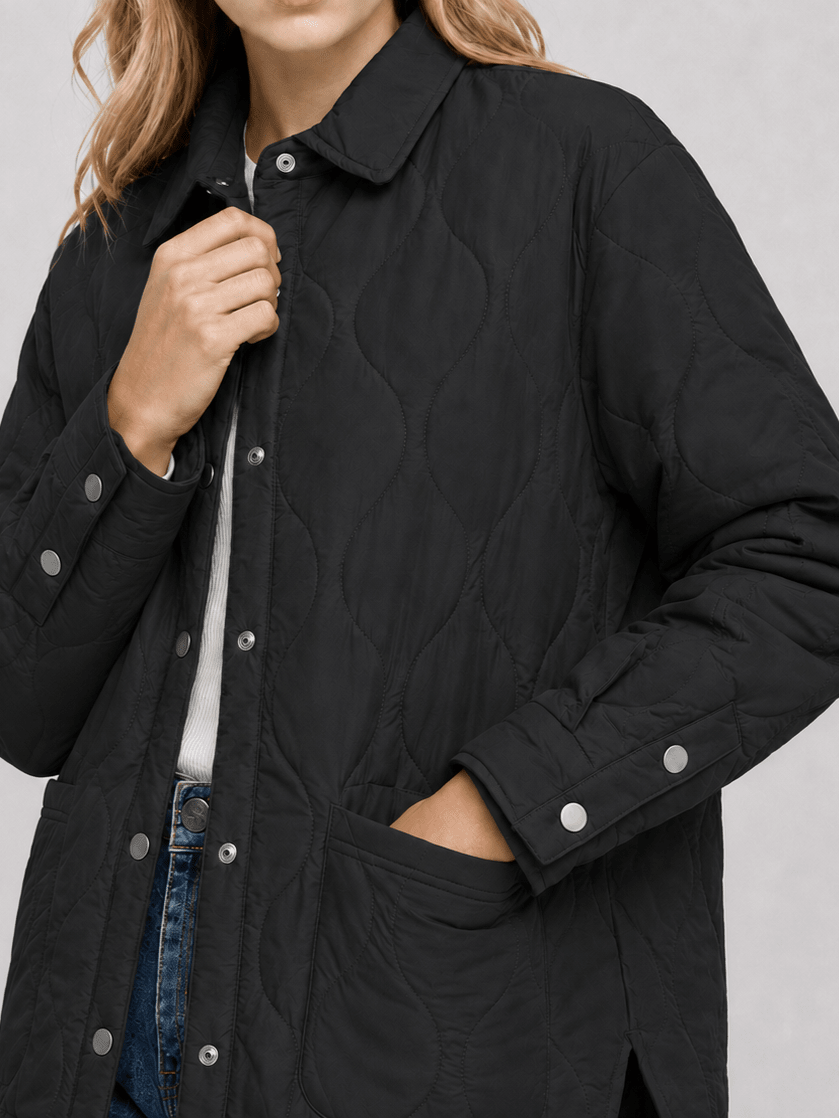 YUCOLEN Women's Water Ripple Quilted Shacket Lightweight Button Down Coat with Pockets in Black