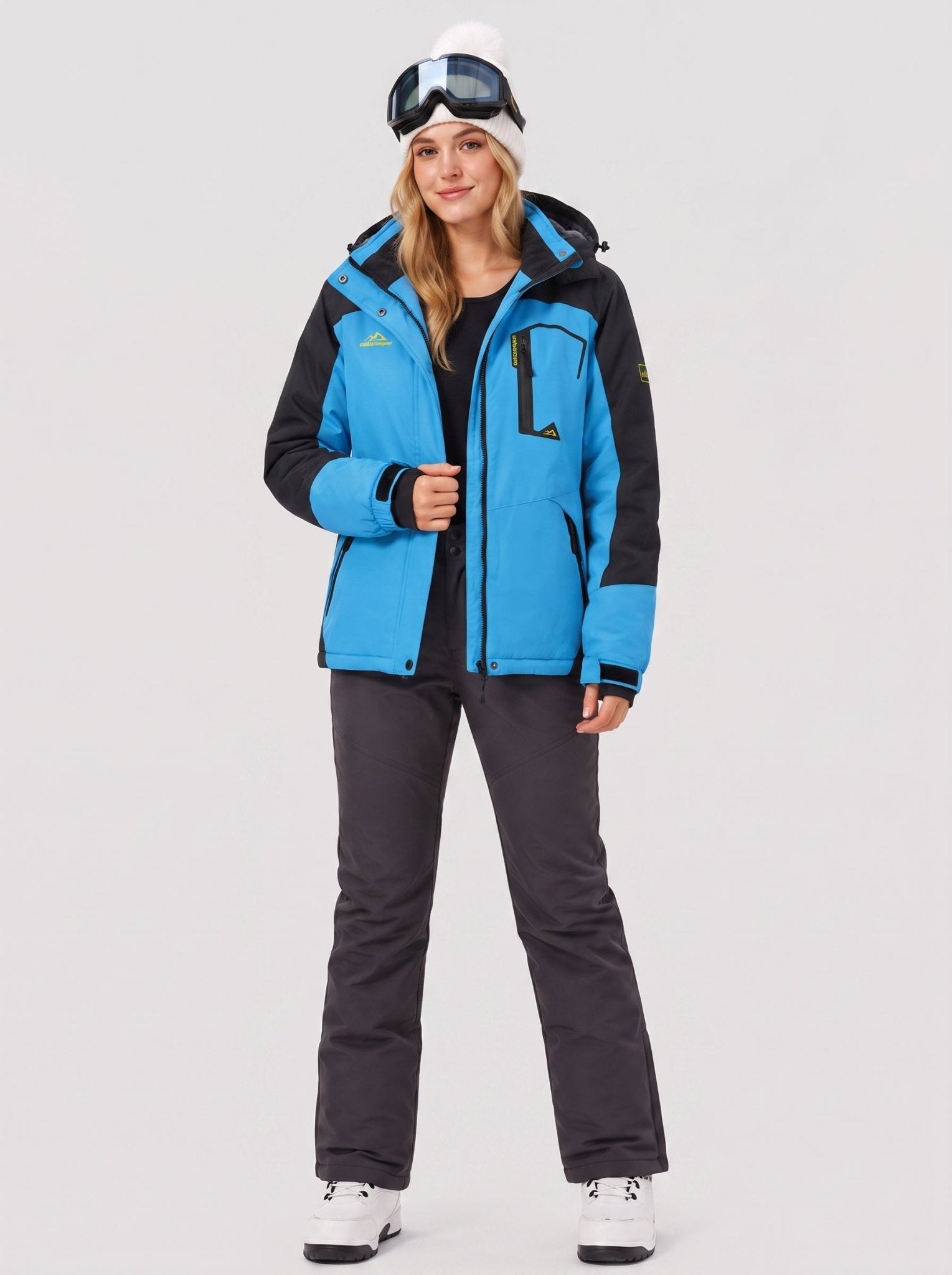 YUCOLEN Women's Waterproof Ski Jacket Fleece Lined Insulated Snow Coat with Detachable Hood in Blue Black