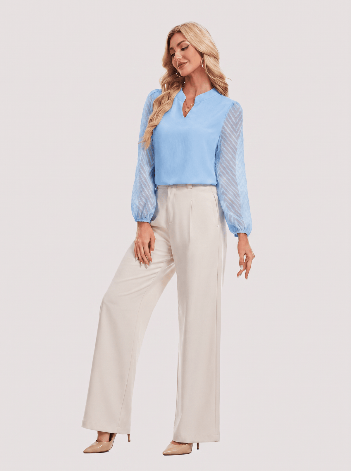 YUCOLEN Women's V Neck Chiffon Blouse with Lace Puff Sleeves Dressy Casual Work Tops in Blue