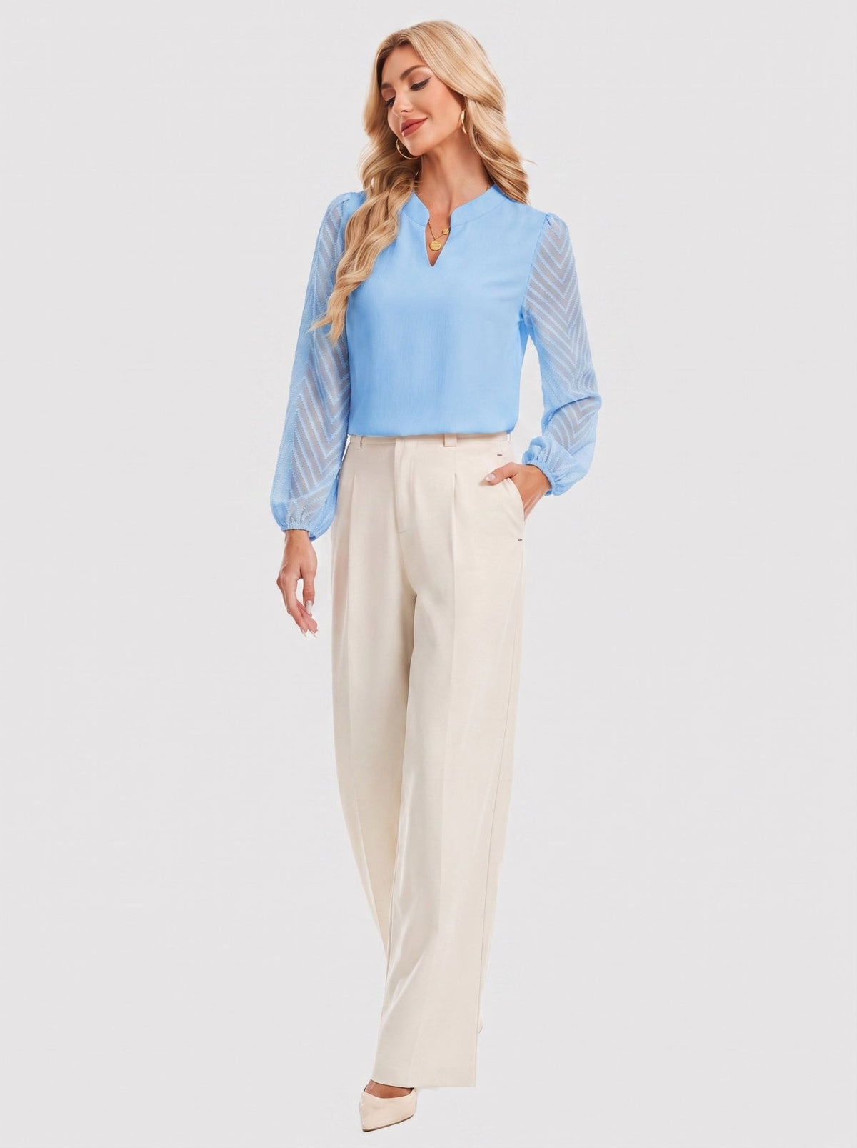 YUCOLEN Women's V Neck Chiffon Blouse with Lace Puff Sleeves Dressy Casual Work Tops in Blue