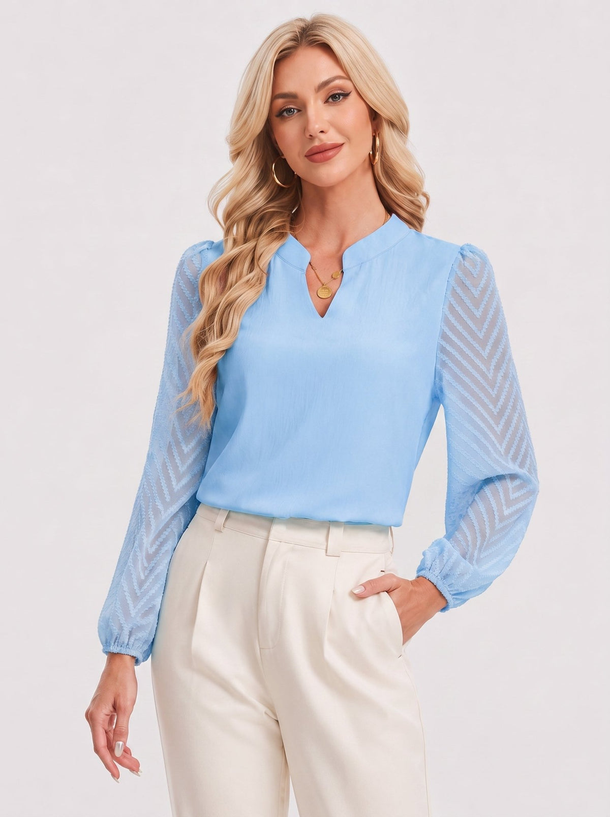 YUCOLEN Women's V Neck Chiffon Blouse with Lace Puff Sleeves Dressy Casual Work Tops in Blue