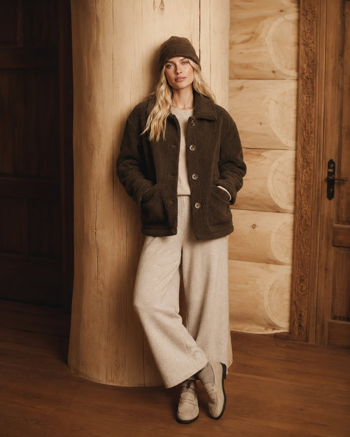 YUCOLEN Women‘s Button Down Fleece Jacket Soft Fuzzy Lapel Collar Coat with Pockets in Brown
