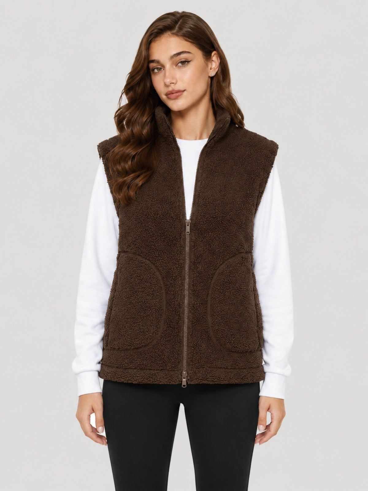 YUCOLEN Women's Sherpa Fleece Vest Fuzzy Zip Up Sleeveless Jacket with 4 Pockets in Brown