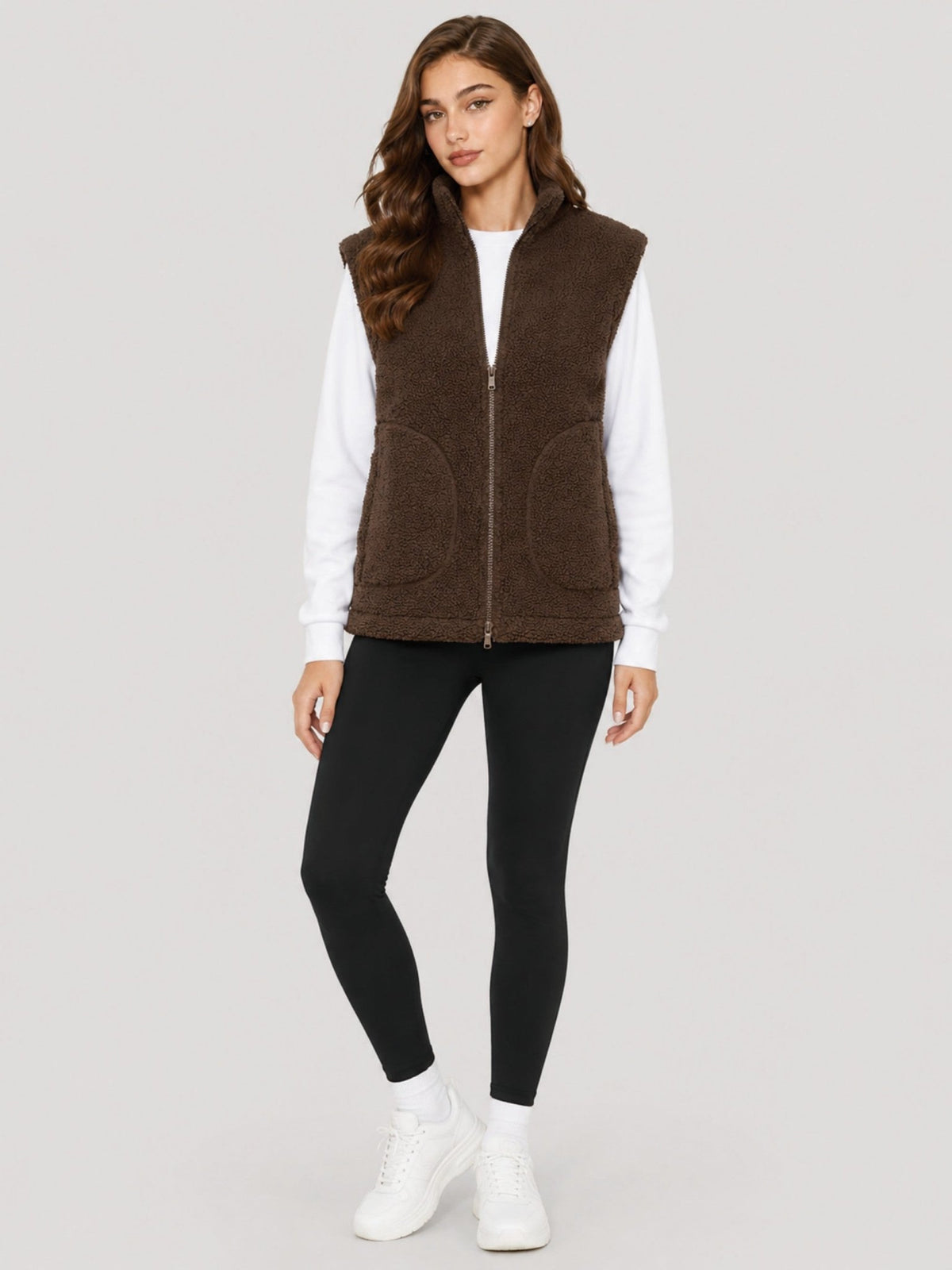 YUCOLEN Women's Sherpa Fleece Vest Fuzzy Zip Up Sleeveless Jacket with 4 Pockets in Brown