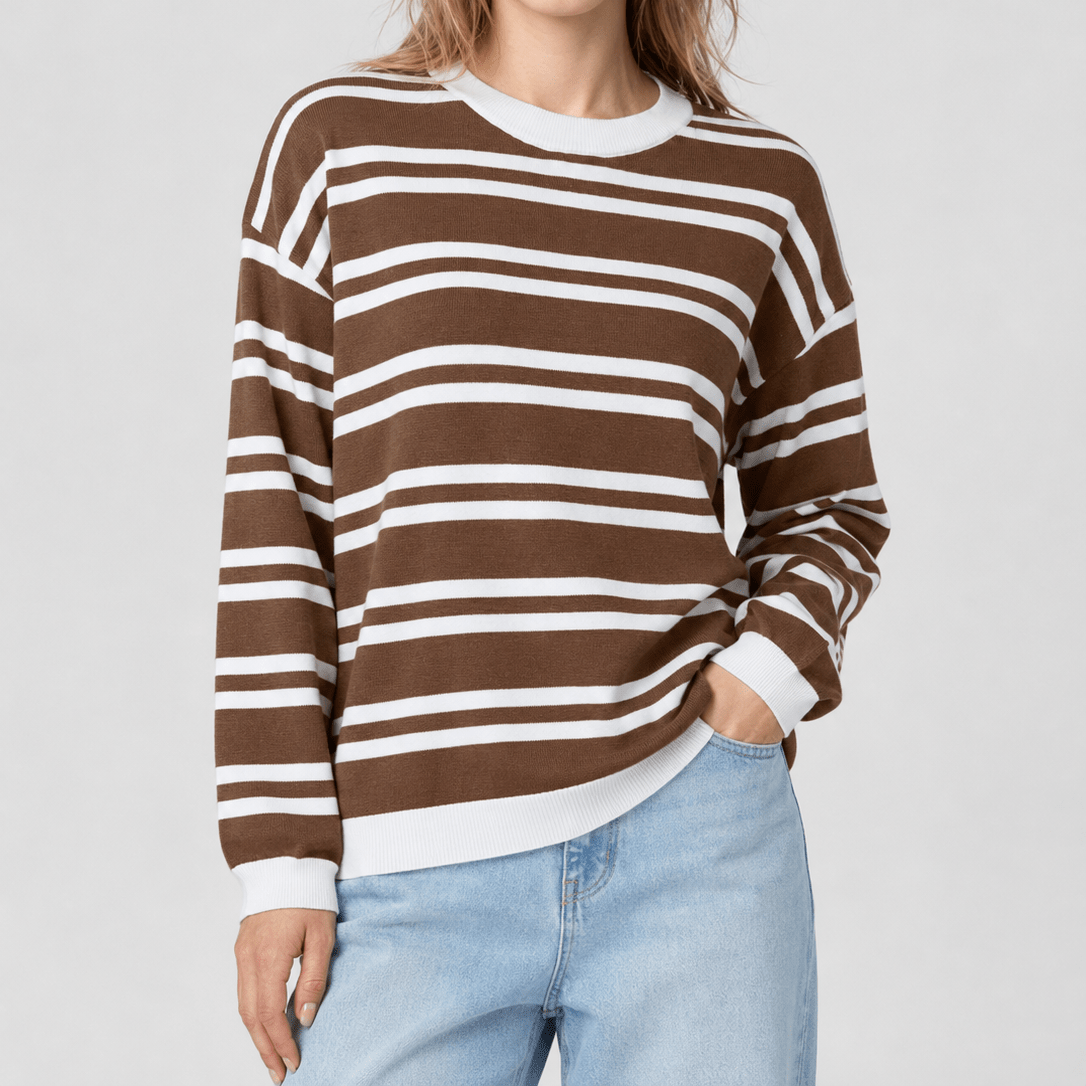 YUCOLEN Women's Striped Crewneck Sweater Soft Knit Casual Loose Fit Pullover for Fall Winter in Brown