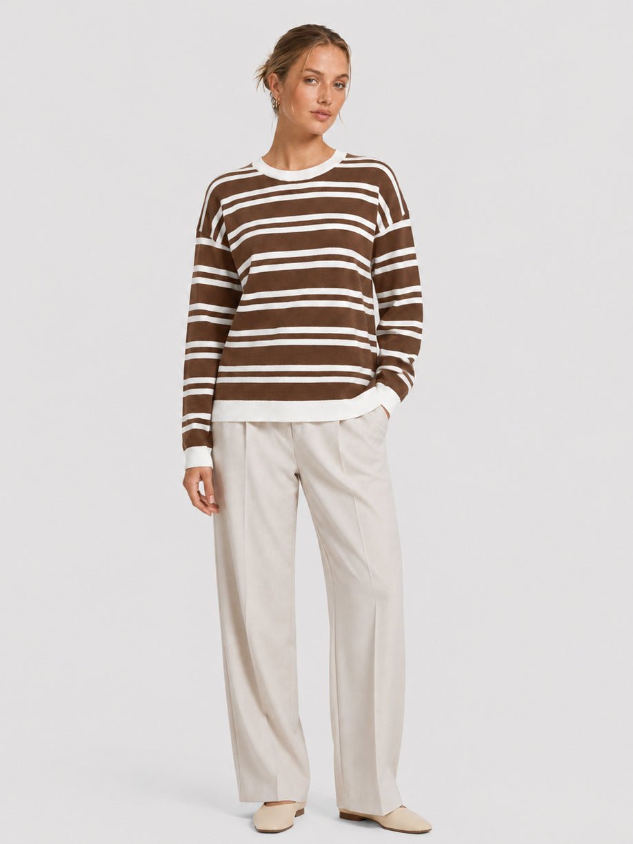 YUCOLEN Women's Striped Crewneck Sweater Soft Knit Casual Loose Fit Pullover for Fall Winter in Brown