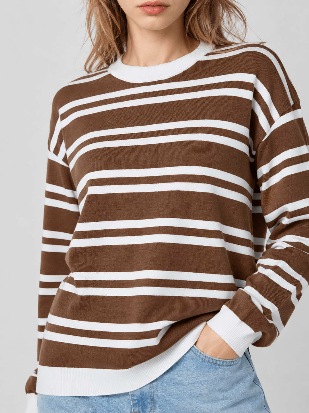 YUCOLEN Women's Striped Crewneck Sweater Soft Knit Casual Loose Fit Pullover for Fall Winter in Brown
