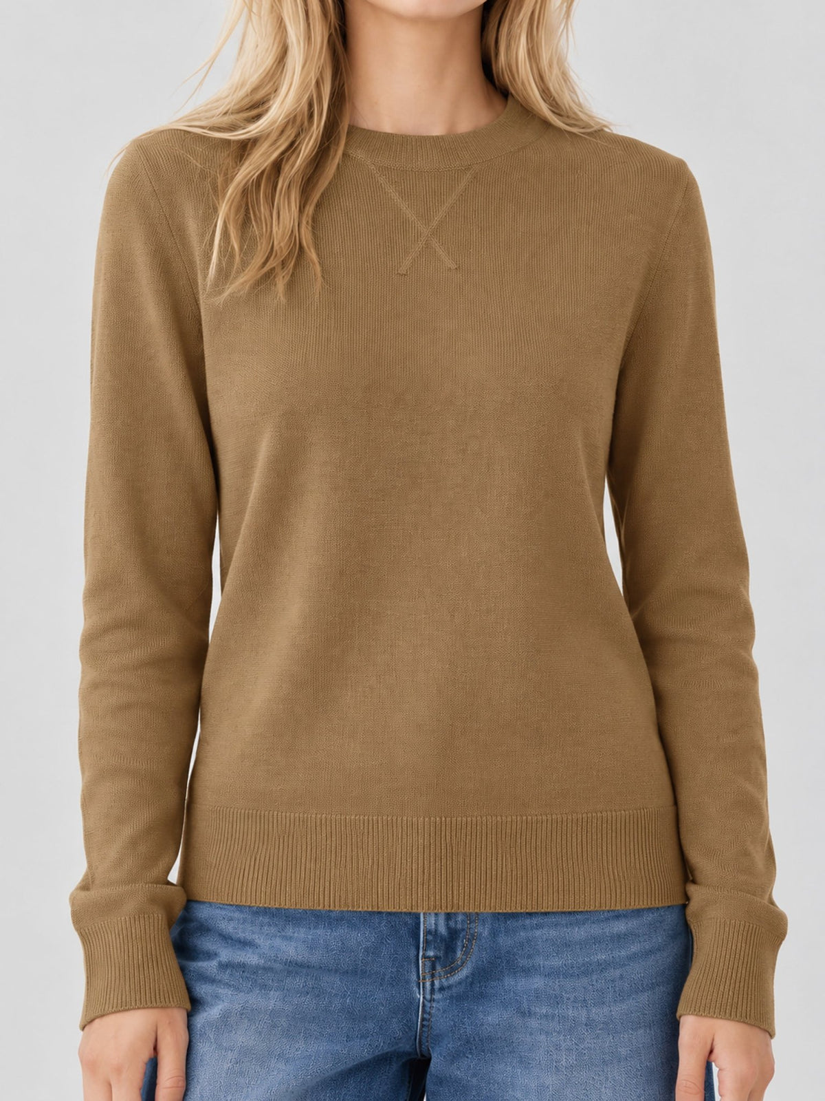 YUCOLEN Women's Soft Wool Blend Lightweight Crewneck Pullover Sweater in Camel