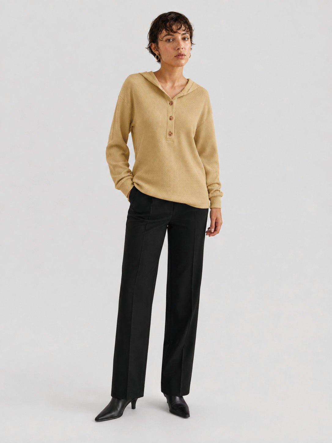 YUCOLEN Women's Waffle Knit Oversized Hoodie 4-Button Henley Pullover in Camel