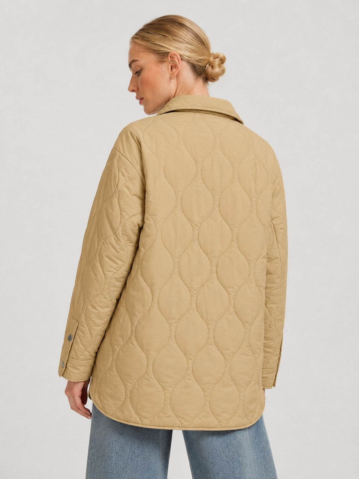 YUCOLEN Women's Water Ripple Quilted Shacket Lightweight Button Down Coat with Pockets in Camel