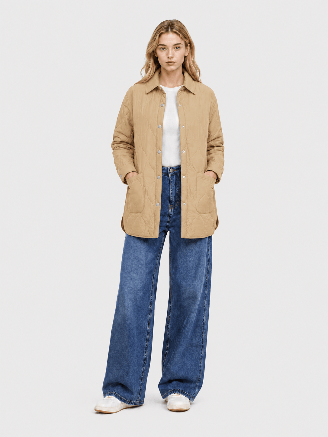 YUCOLEN Women's Water Ripple Quilted Shacket Lightweight Button Down Coat with Pockets in Camel