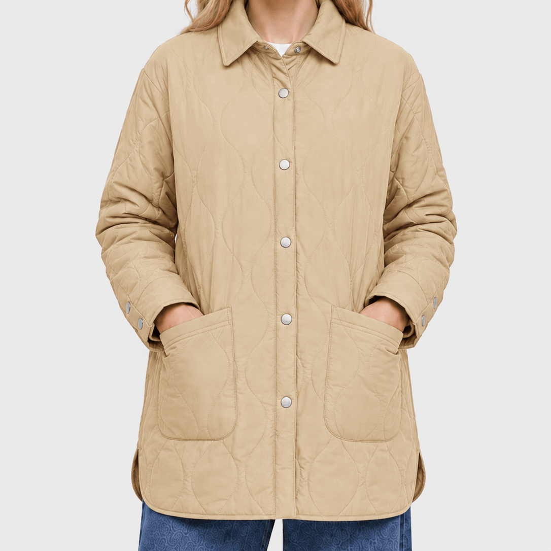 YUCOLEN Women's Water Ripple Quilted Shacket Lightweight Button Down Coat with Pockets in Camel