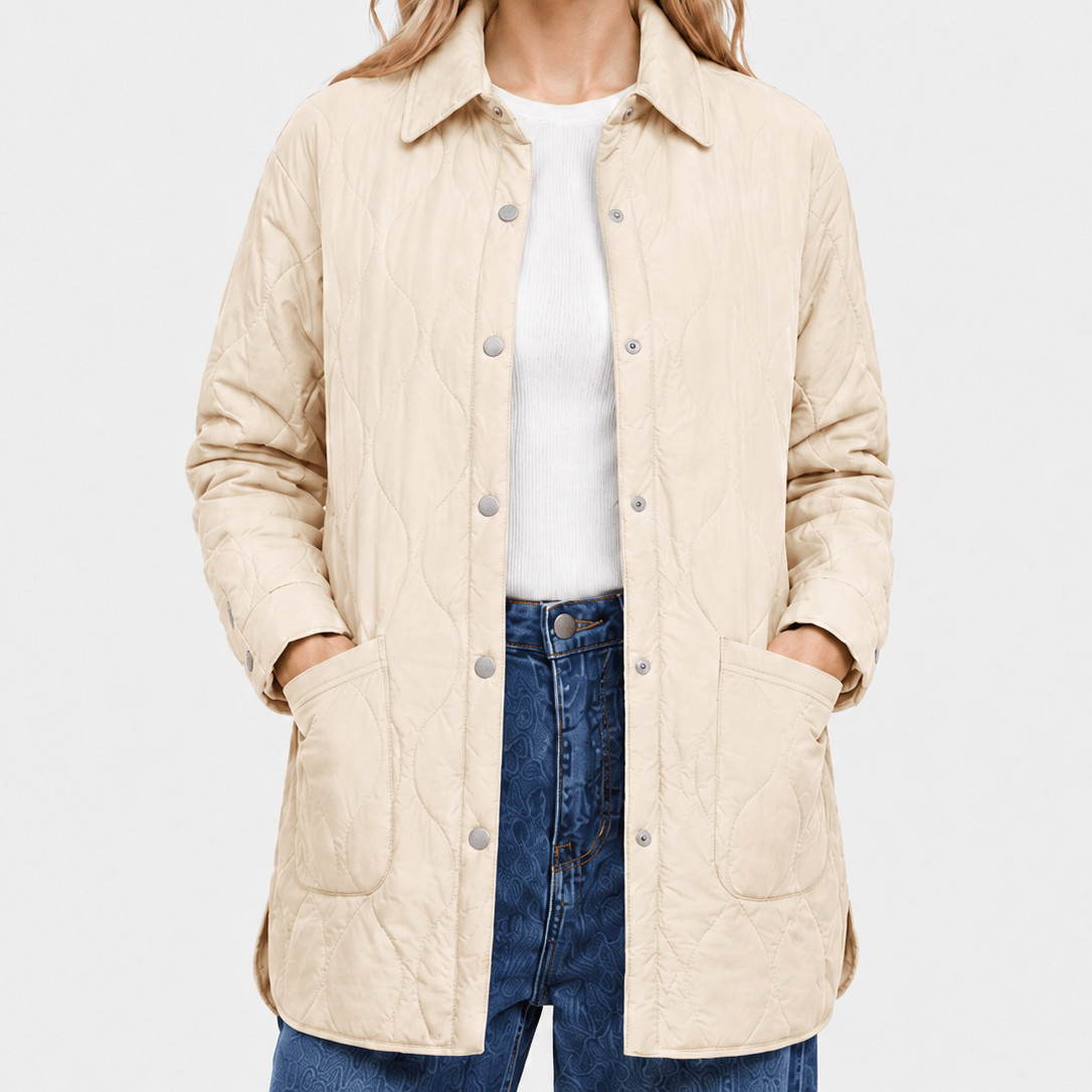 YUCOLEN Women's Water Ripple Quilted Shacket Lightweight Button Down Coat with Pockets in Champagne