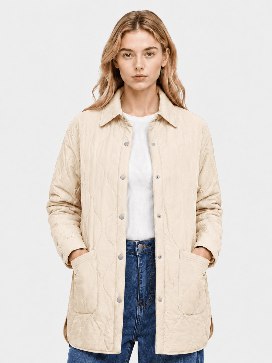 YUCOLEN Women's Water Ripple Quilted Shacket Lightweight Button Down Coat with Pockets in Champagne