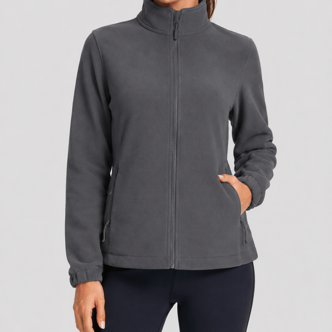 YUCOLEN Women's Lightweight Full Zip Fleece Jacket Windproof Stand Collar Outdoor Sweatshirt in Charcoal Gray