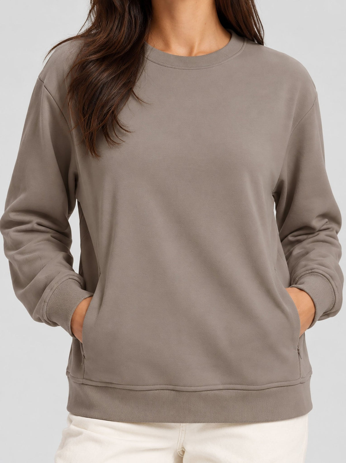 YUCOLEN Womens Warm Fleece Crewneck Sweatshirt with Zip Pockets in Coffee Grey
