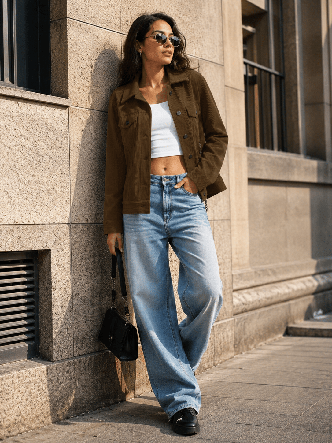 YUCOLEN Women's Lightweight Cropped Corduroy Shacket with 4 Pockets Button Down Casual Jacket in Coffee