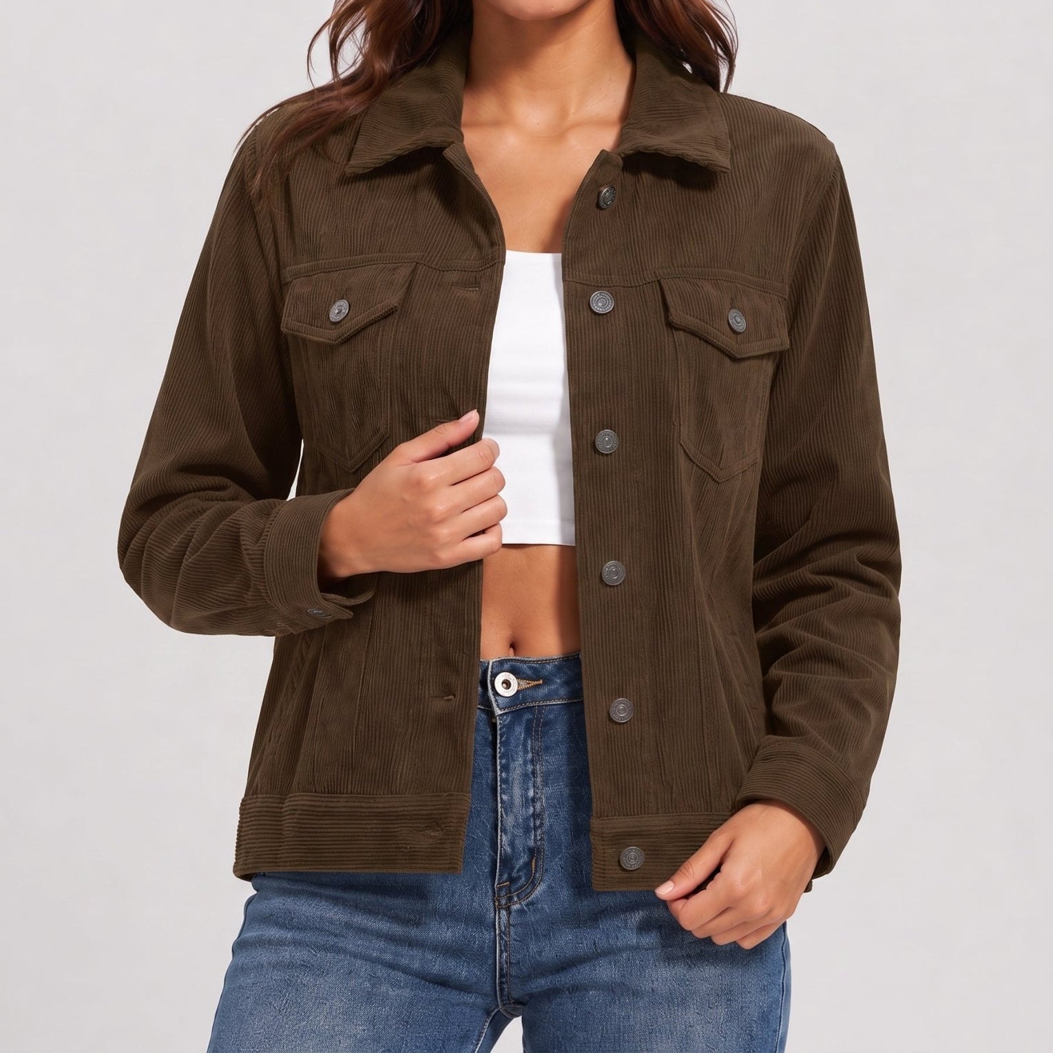 YUCOLEN Women's Lightweight Cropped Corduroy Shacket with 4 Pockets Button Down Casual Jacket in Coffee