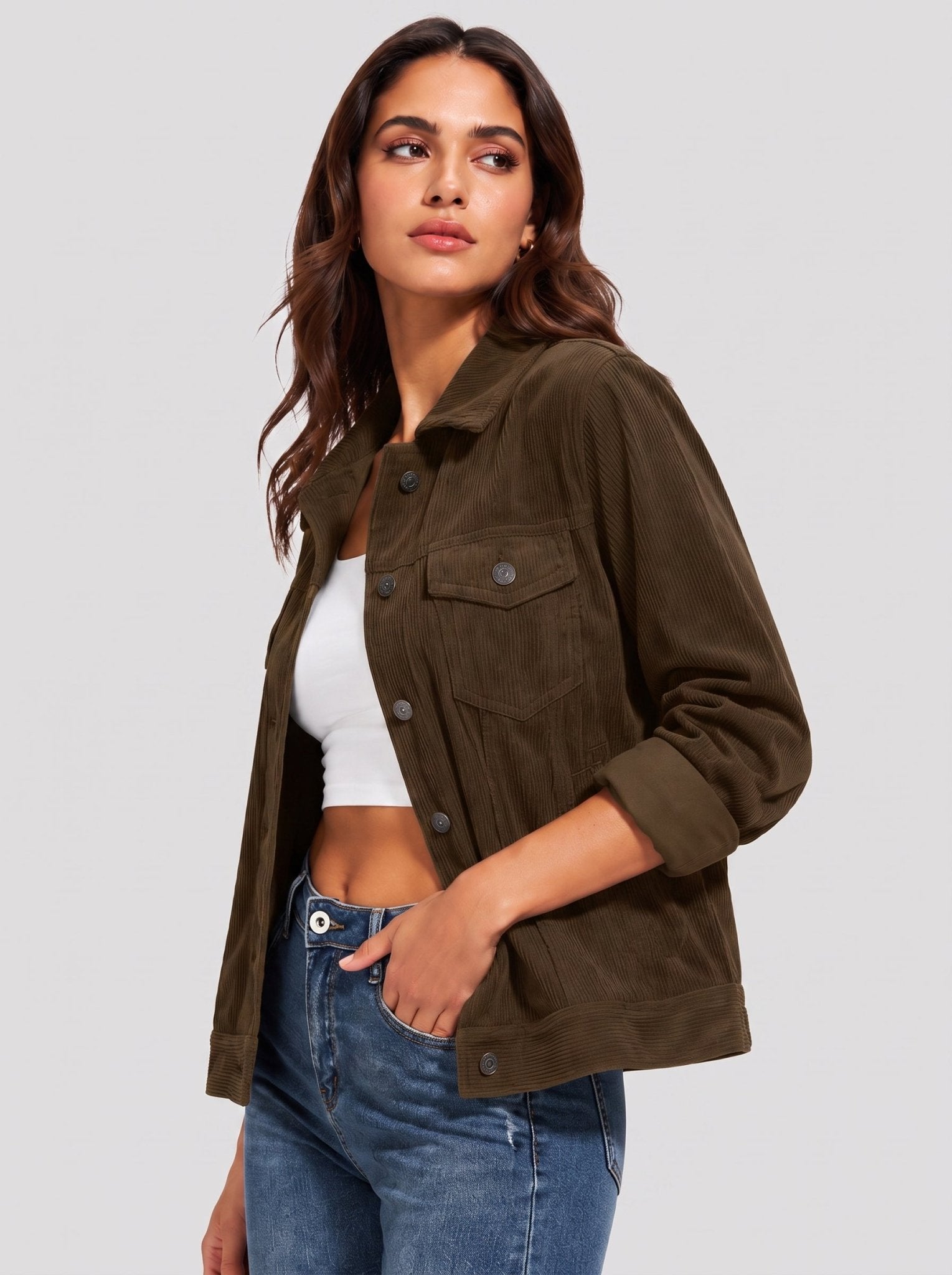 YUCOLEN Women's Lightweight Cropped Corduroy Shacket with 4 Pockets Button Down Casual Jacket in Coffee
