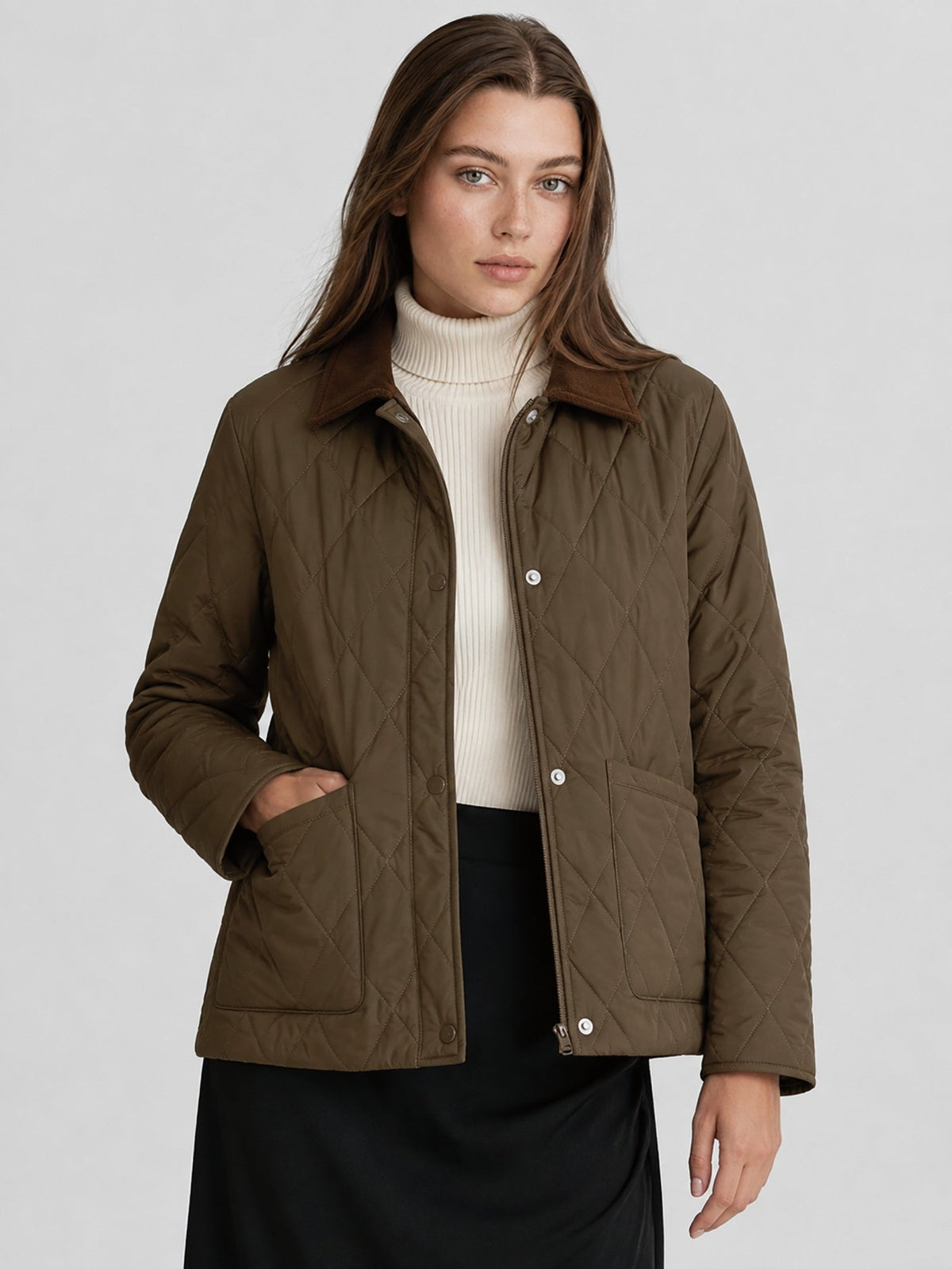 YUCOLEN Women's Quilted Jacket Retro Corduroy Collar Lightweight Padded Coat in Coffee