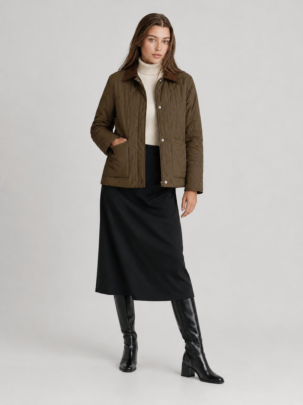 YUCOLEN Women's Quilted Jacket Retro Corduroy Collar Lightweight Padded Coat in Coffee
