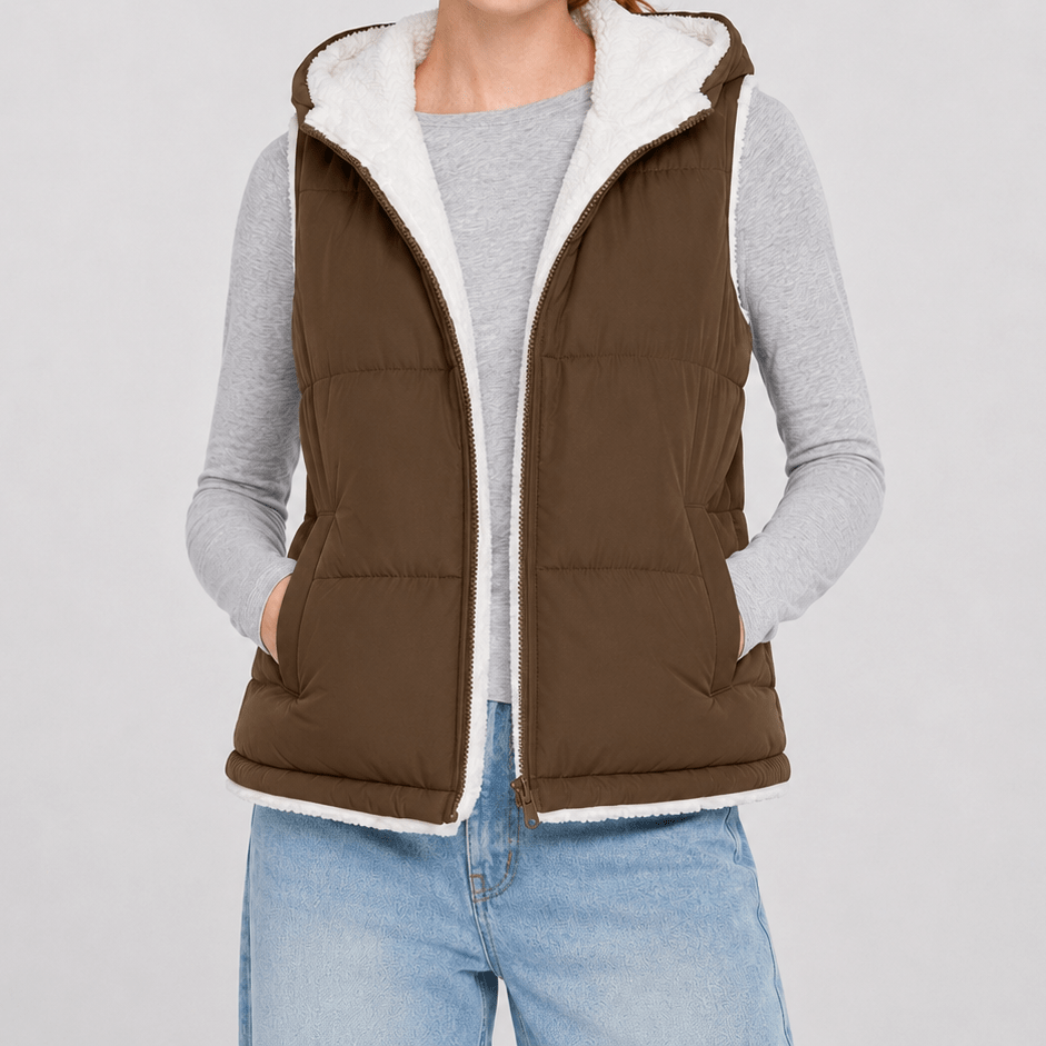 YUCOLEN Women's Reversible Puffer Fleece Lined Hooded Vest in Coffee