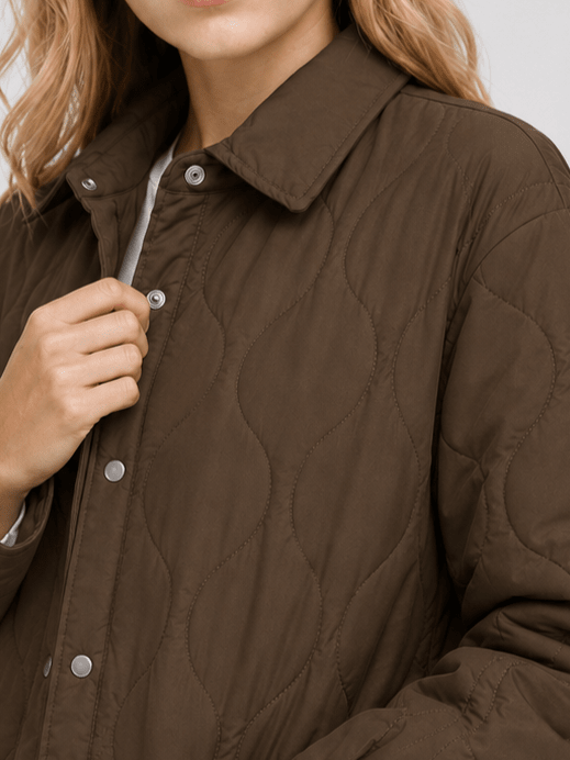 YUCOLEN Women's Water Ripple Quilted Shacket Lightweight Button Down Coat with Pockets in Coffee