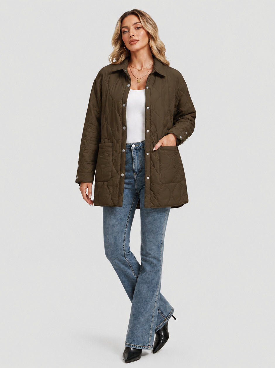 YUCOLEN Women's Water Ripple Quilted Shacket Lightweight Button Down Coat with Pockets in Coffee