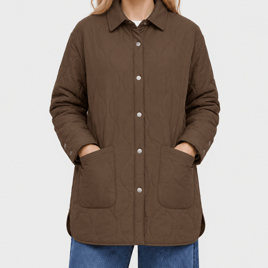 YUCOLEN Women's Water Ripple Quilted Shacket Lightweight Button Down Coat with Pockets in Coffee