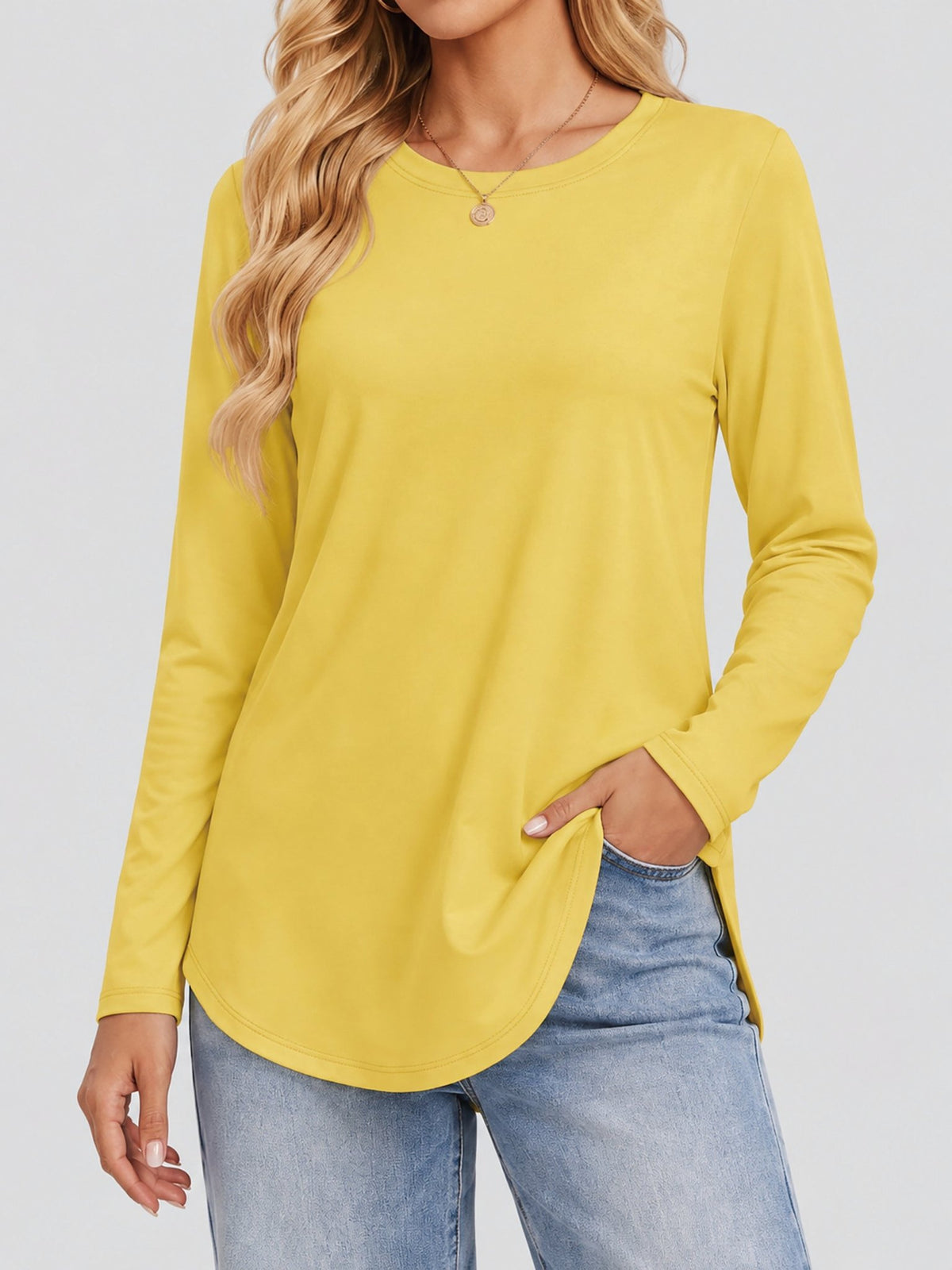YUCOLEN Women's Long Sleeve Crewneck Tunic Top with Curved Hem in Cream Yellow