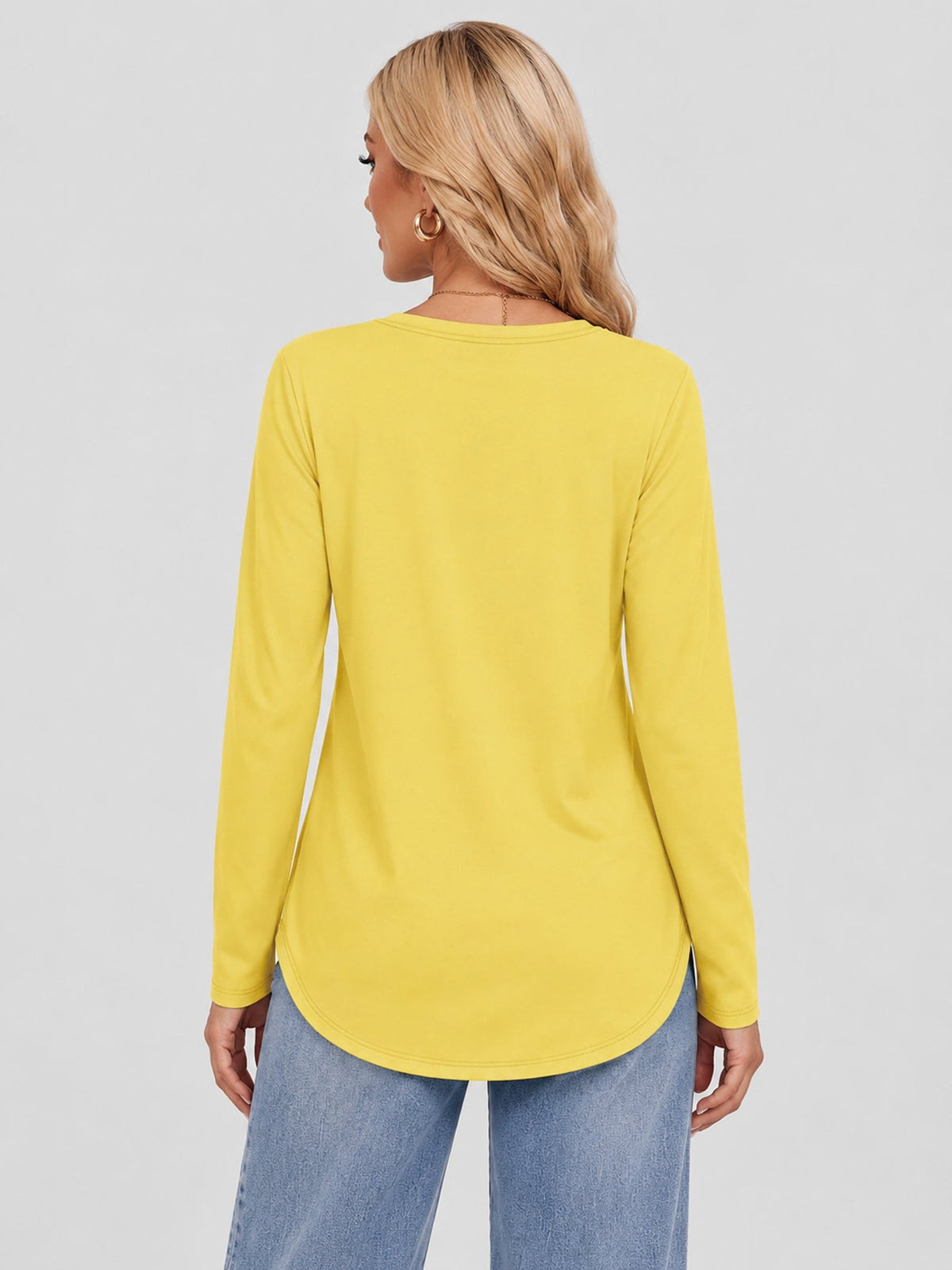 YUCOLEN Women's Long Sleeve Crewneck Tunic Top with Curved Hem in Cream Yellow