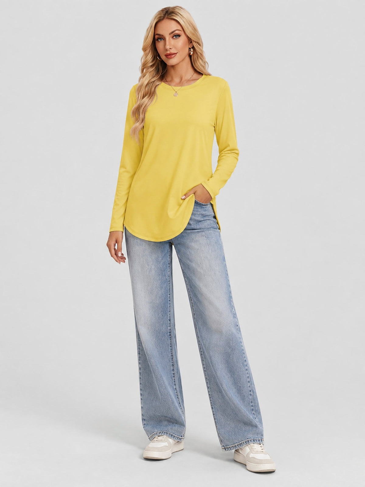 YUCOLEN Women's Long Sleeve Crewneck Tunic Top with Curved Hem in Cream Yellow