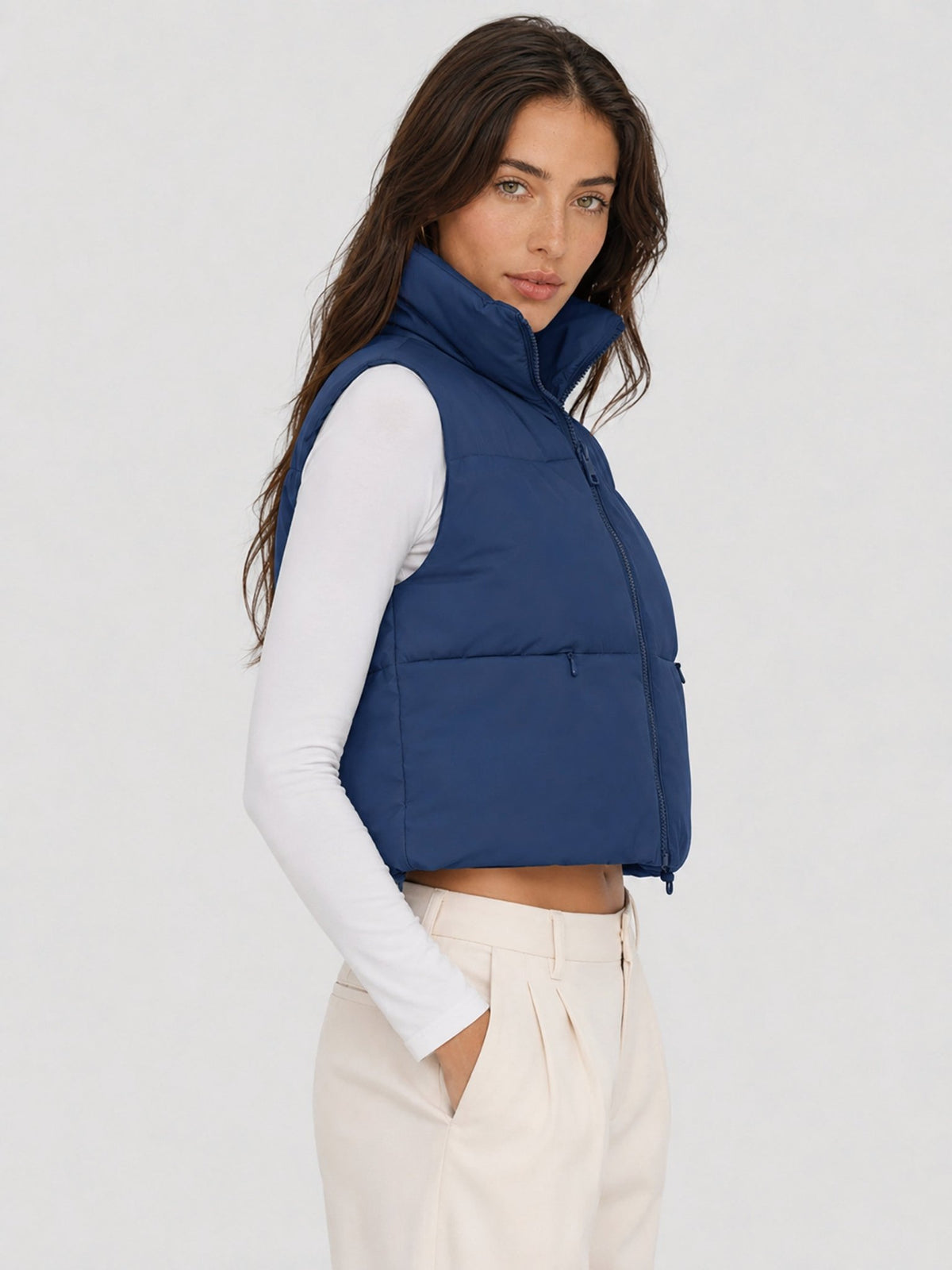 YUCOLEN Women's Cropped Puffer Vest Lightweight Sleeveless Quilted Bubble Gilet in Dark Blue