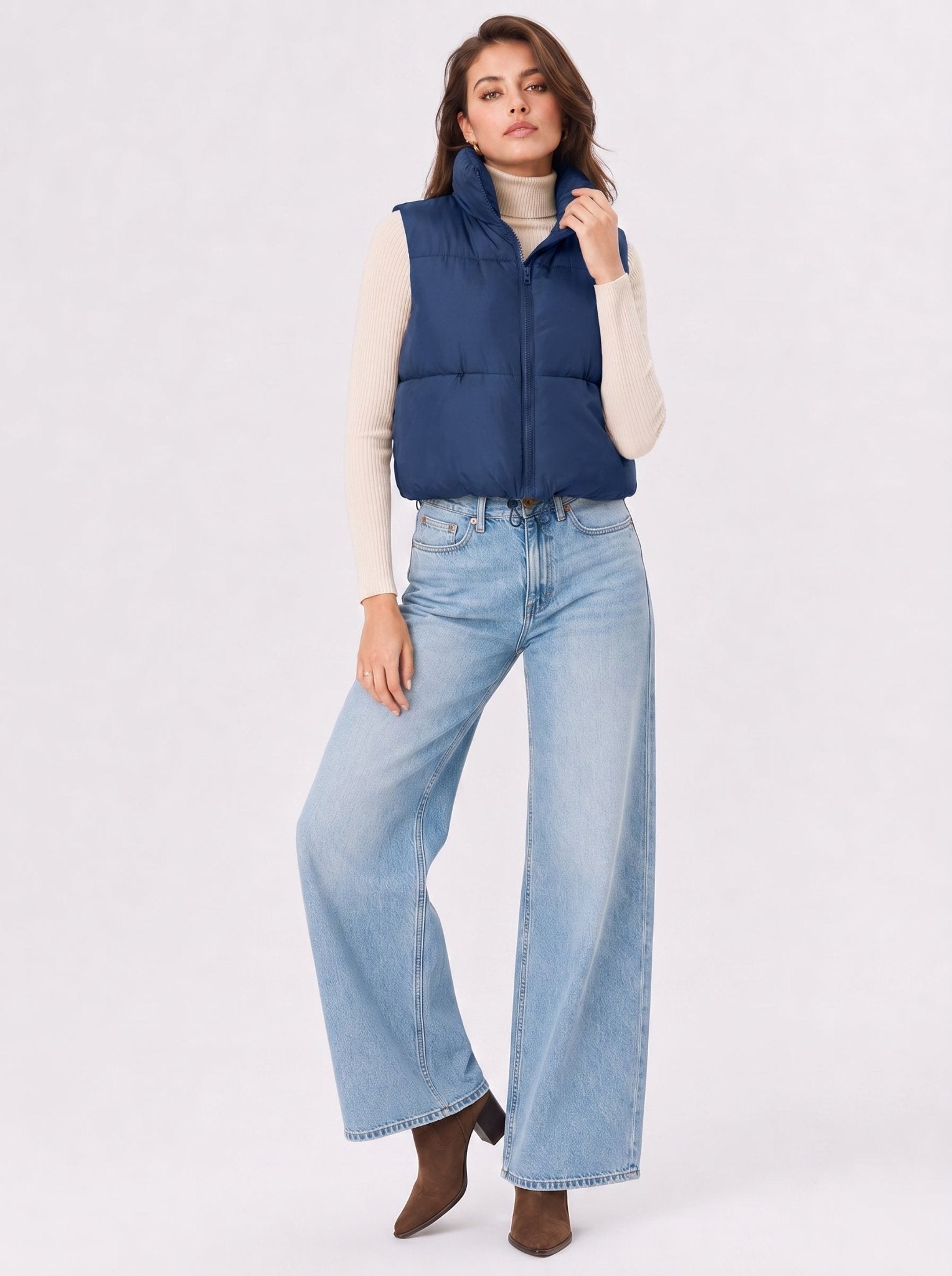YUCOLEN Women's Cropped Puffer Vest Lightweight Sleeveless Quilted Bubble Gilet in Dark Blue