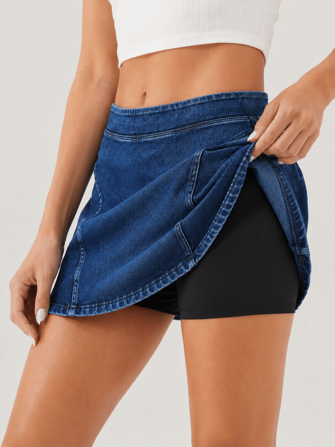 YUCOLEN Women's High Waisted Denim Skort Stretch Jean Skirt with Inner Shorts in Dark Blue