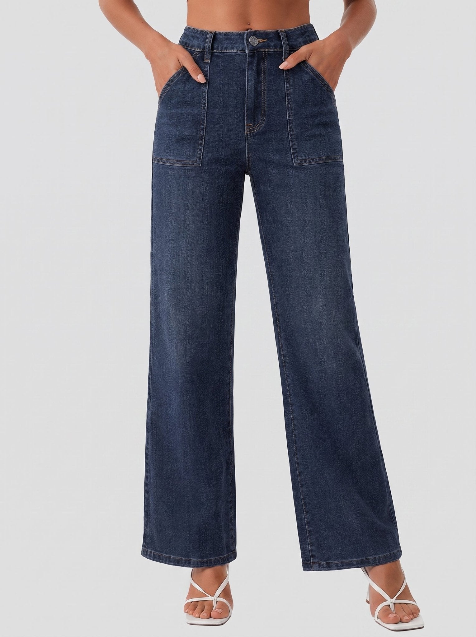 YUCOLEN Women's High Waisted Straight Leg Stretchy Denim Jeans with Pockets in Dark Blue