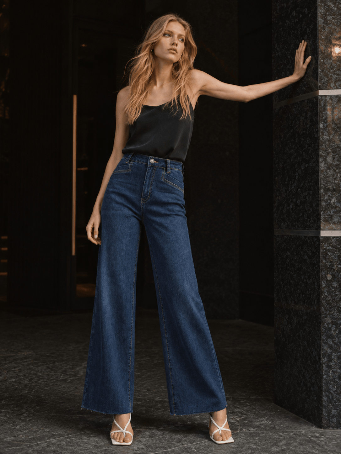 YUCOLEN Women's High Waisted Wide Leg Jeans Stretchy Vintage Loose Denim Pants in Dark Blue