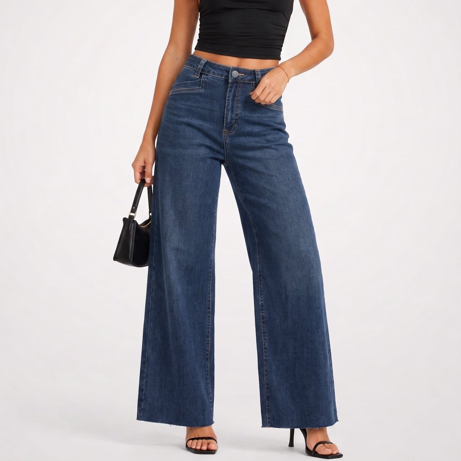 YUCOLEN Women's High Waisted Wide Leg Jeans Stretchy Vintage Loose Denim Pants in Dark Blue