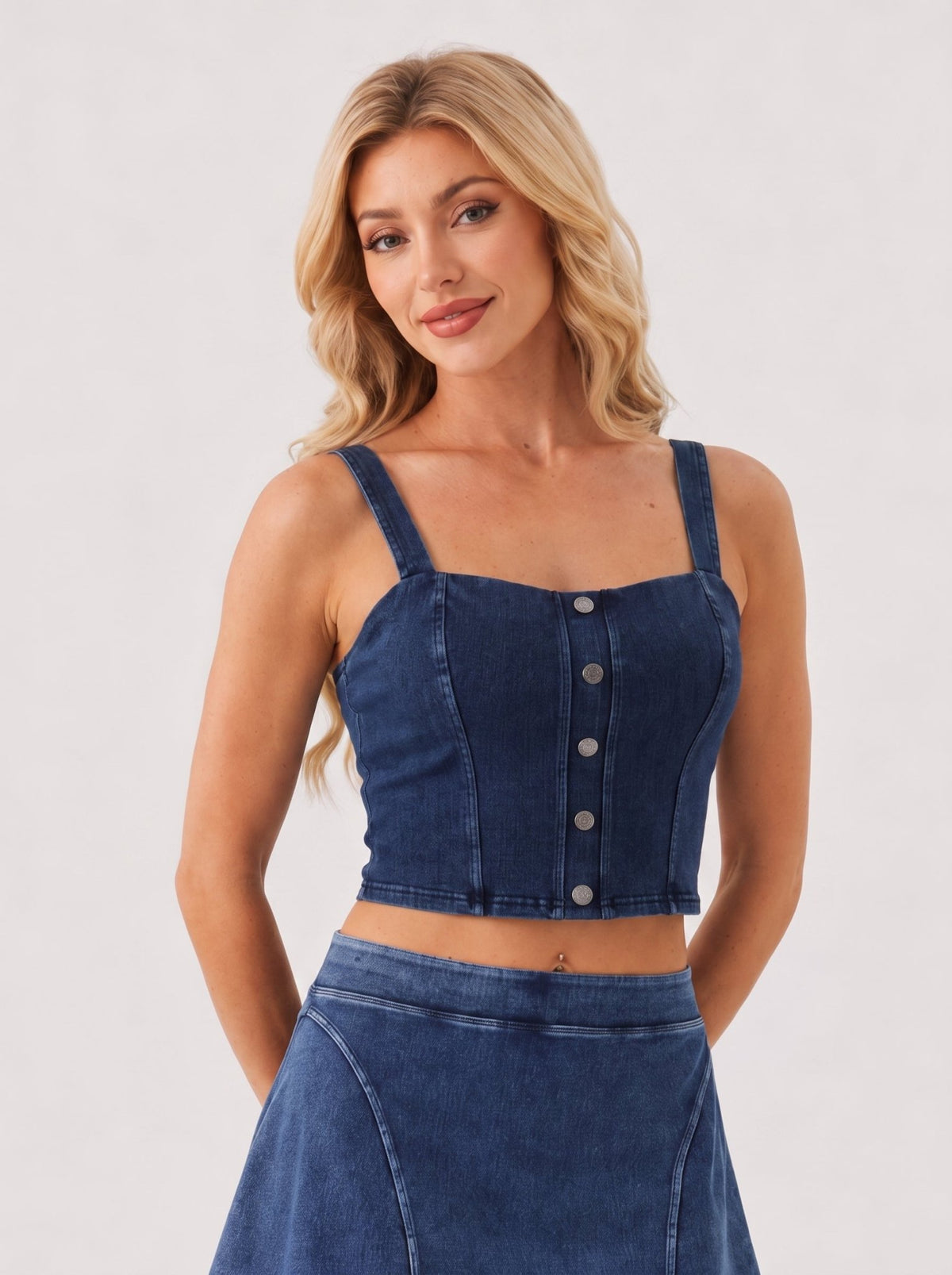 YUCOLEN Women's Square Neck Denim Look Tank Top with Built-in Bra Slim Fit Crop Workout Top in Dark Blue