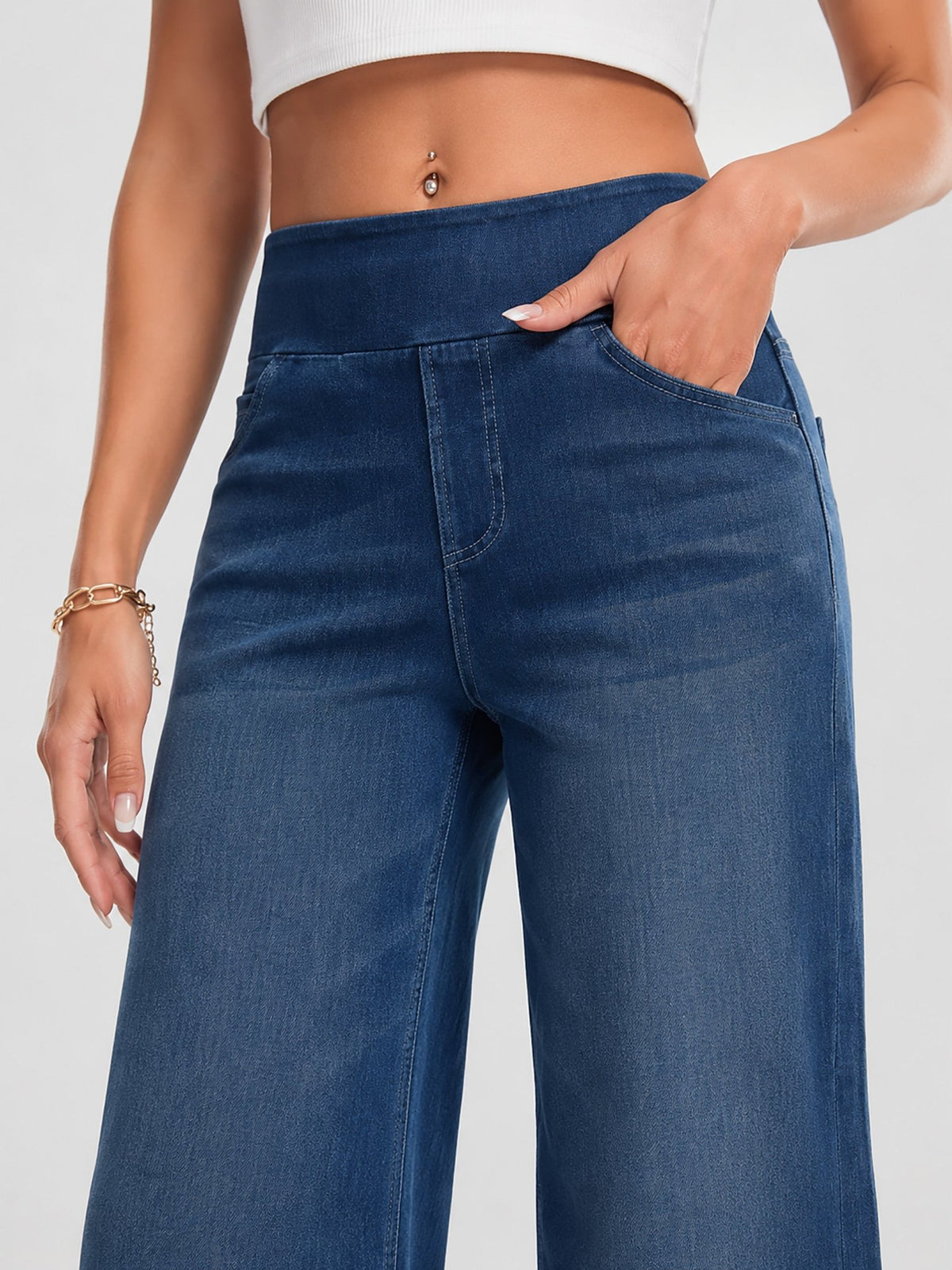 YUCOLEN Women's Wide Leg Jeans Stretchy High Waist Tummy Control Trousers in Dark Blue