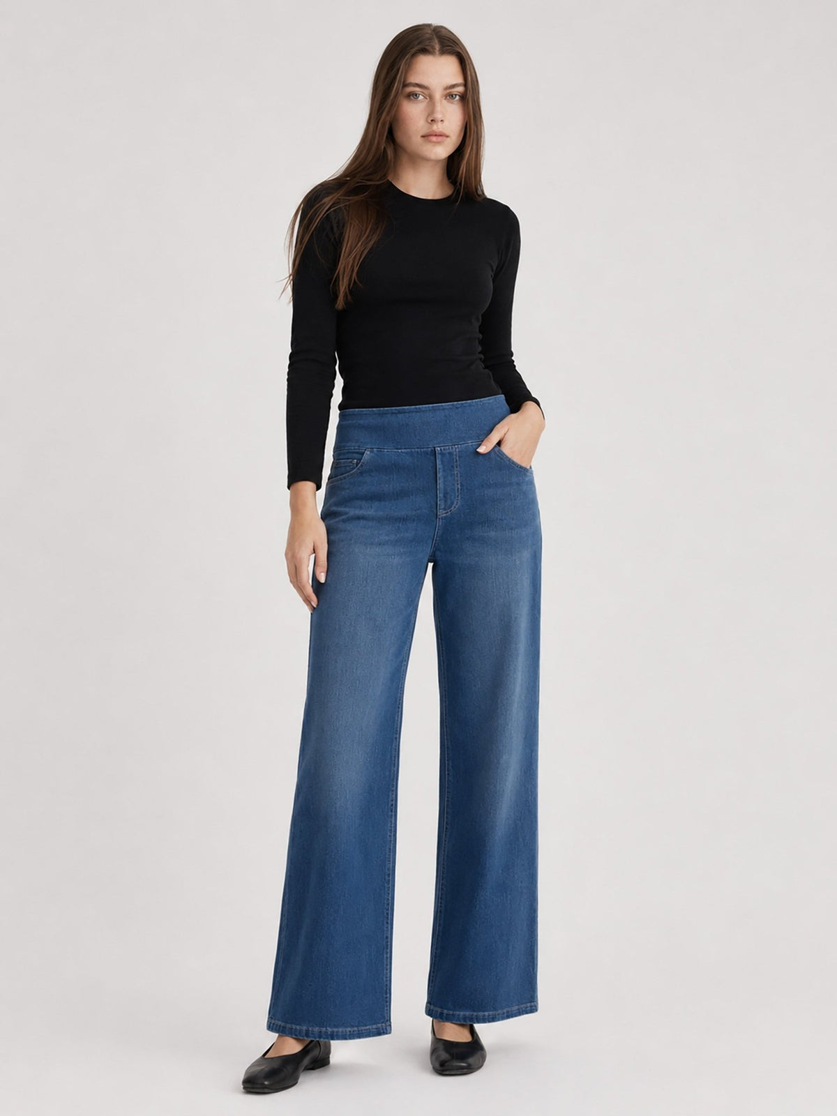 YUCOLEN Women's Wide Leg Jeans Stretchy High Waist Tummy Control Trousers in Dark Blue