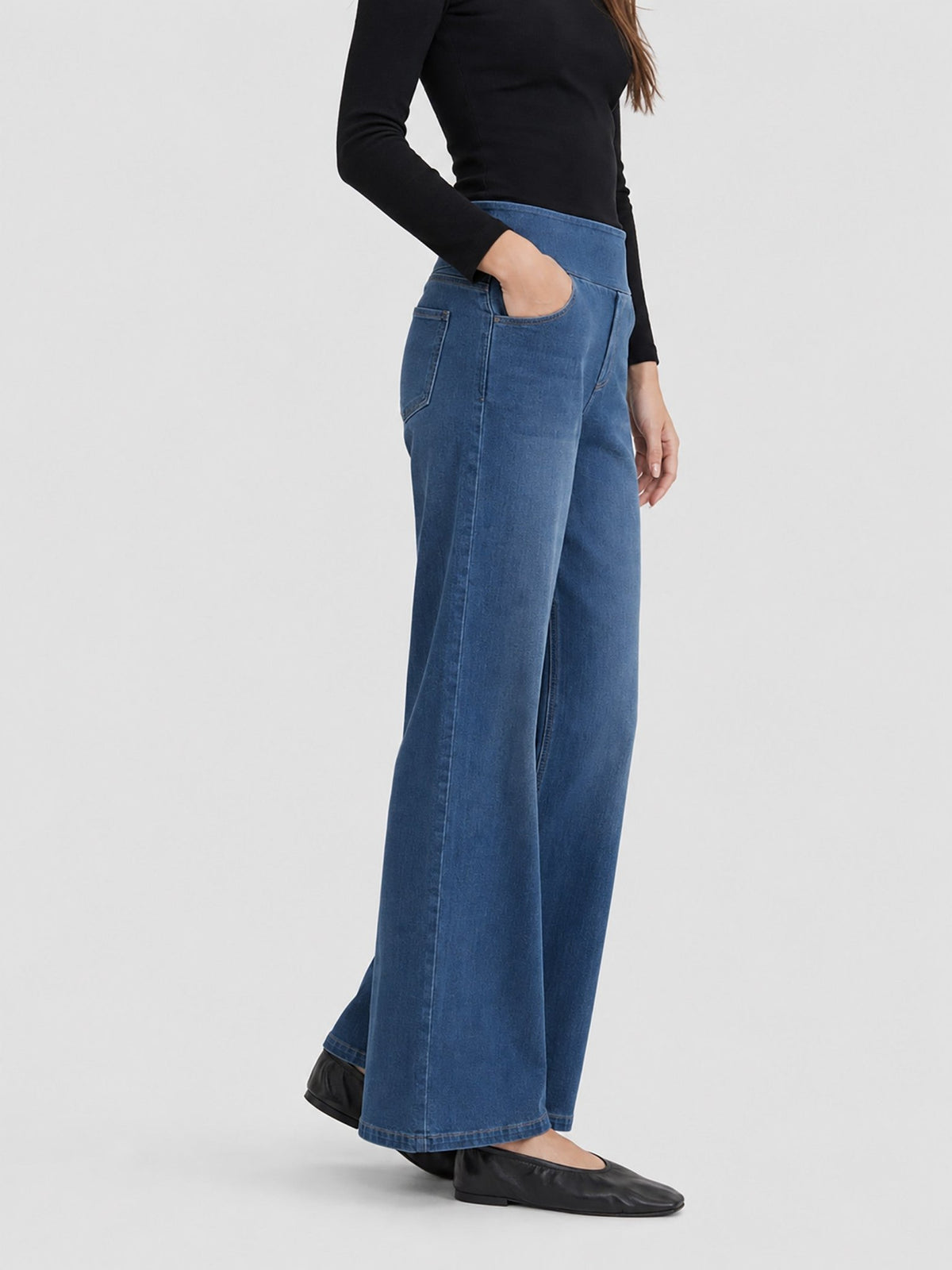 YUCOLEN Women's Wide Leg Jeans Stretchy High Waist Tummy Control Trousers in Dark Blue