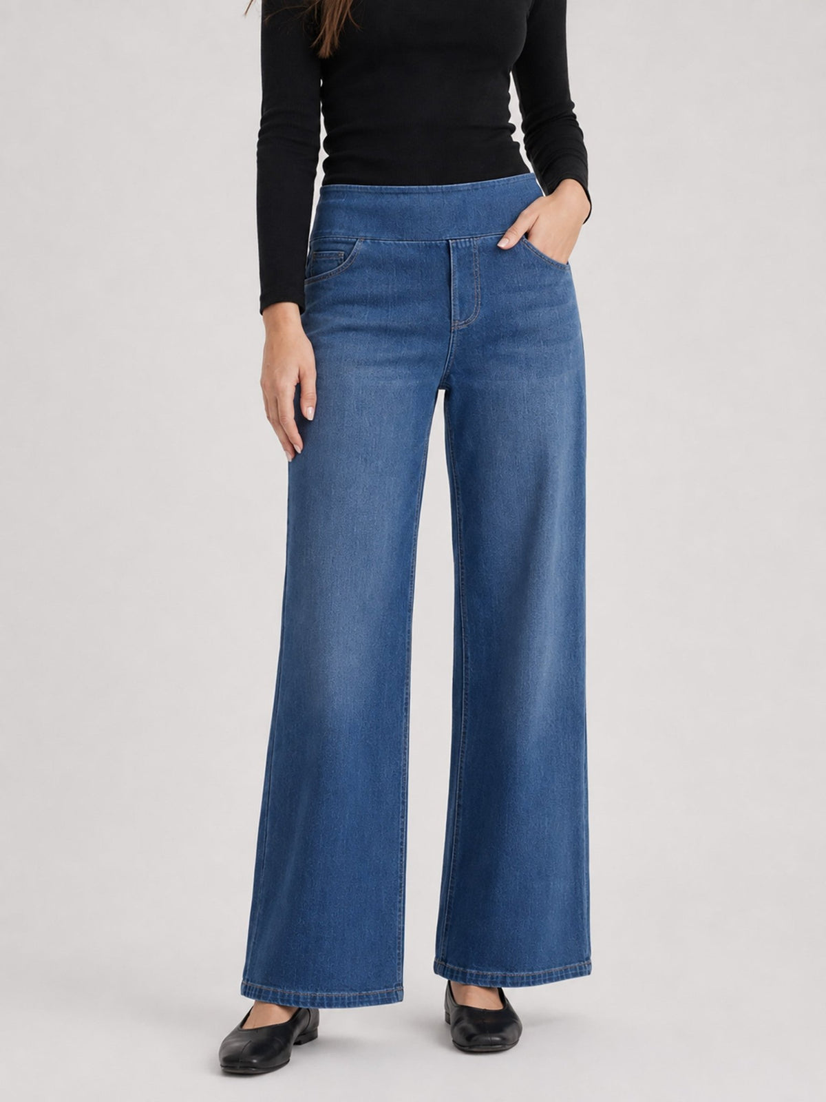 YUCOLEN Women's Wide Leg Jeans Stretchy High Waist Tummy Control Trousers in Dark Blue