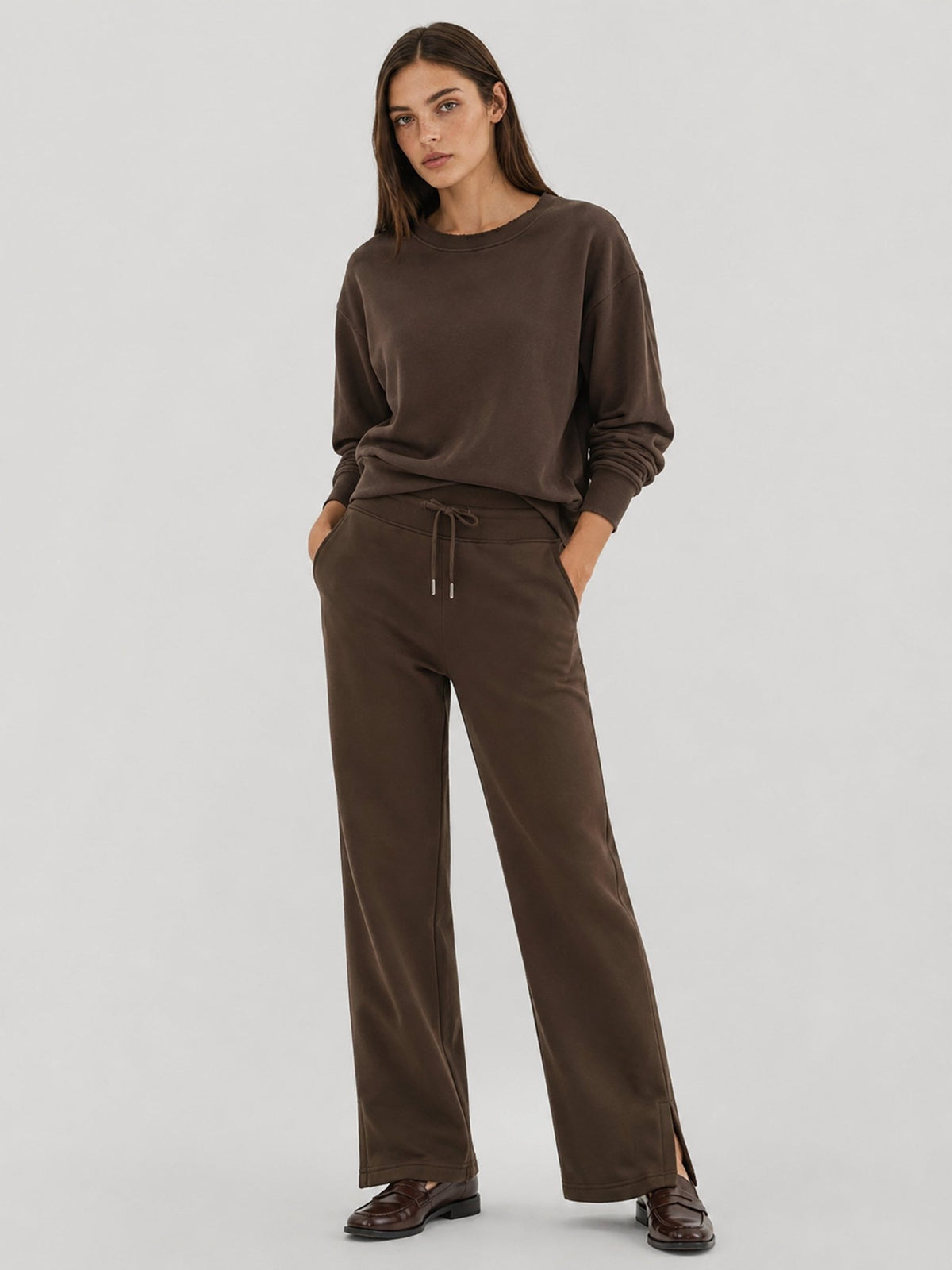 YUCOLEN Women's Fleece Lined Wide Leg Sweatpants Thermal Cotton Lounge Pants with Side Slits in Dark Brown