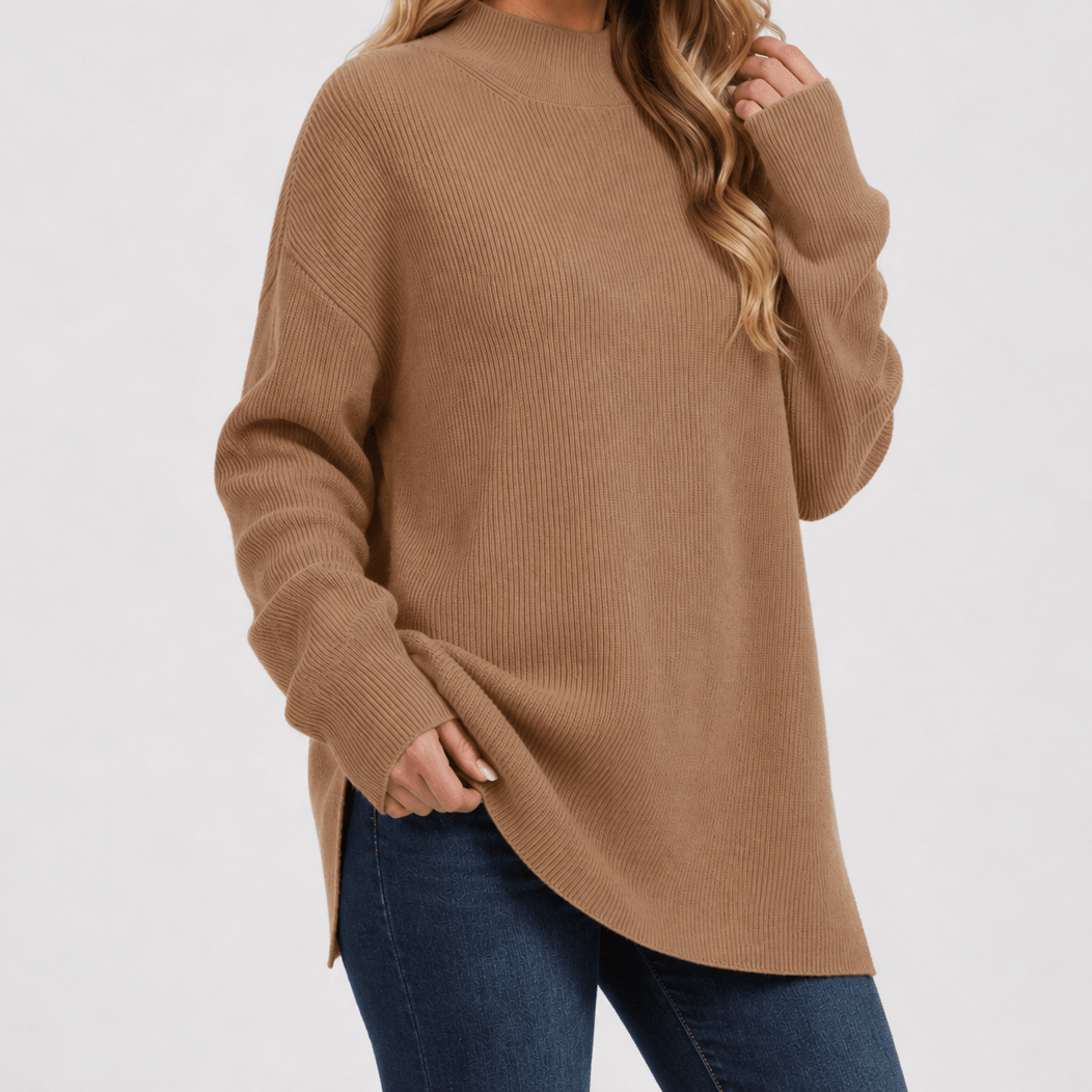 YUCOLEN Women's Oversized Ribbed Knit Turtleneck Pullover with Side Slit in Dark Brown
