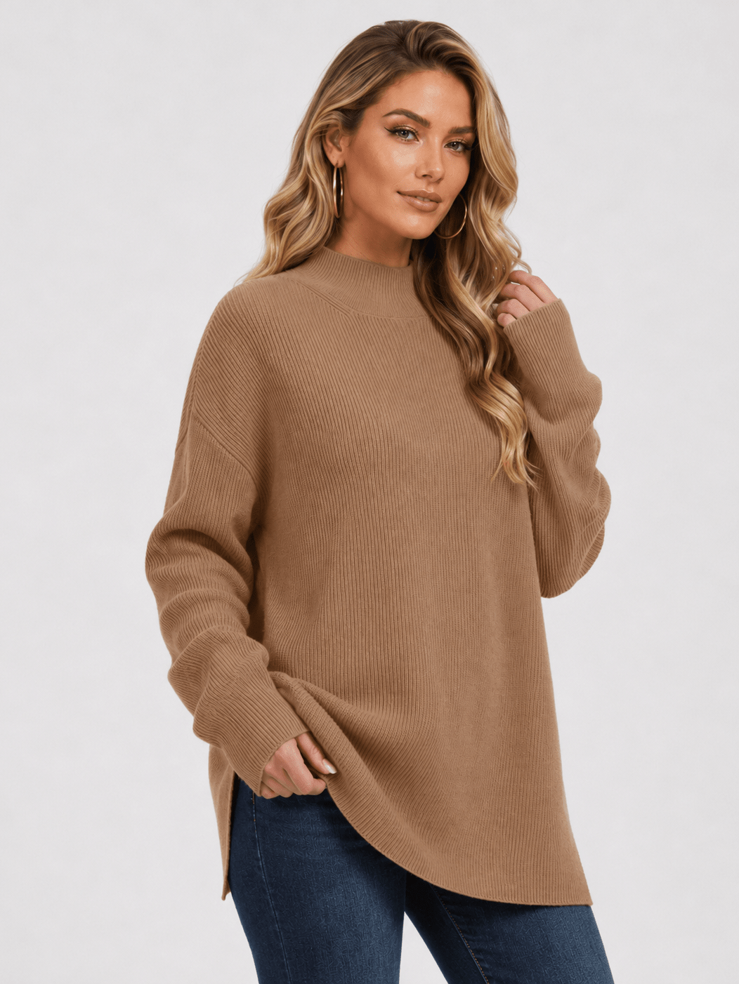 YUCOLEN Women's Oversized Ribbed Knit Turtleneck Pullover with Side Slit in Dark Brown