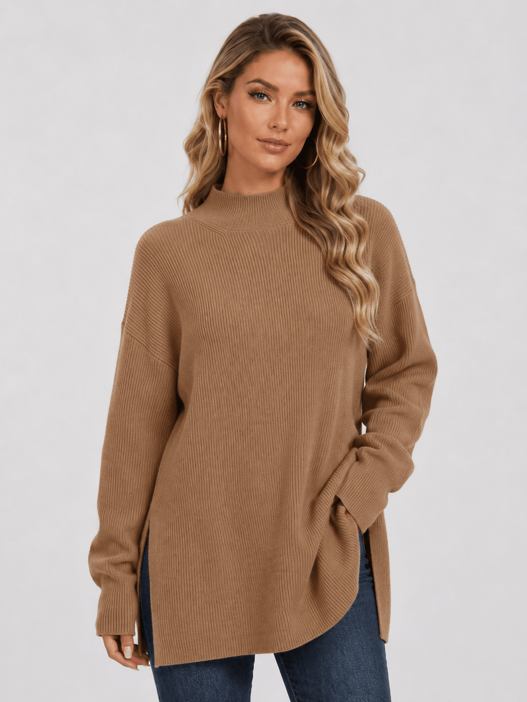 YUCOLEN Women's Oversized Ribbed Knit Turtleneck Pullover with Side Slit in Dark Brown