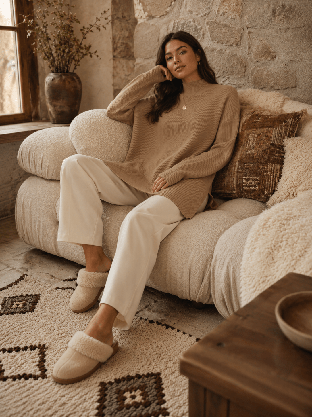 YUCOLEN Women's Oversized Ribbed Knit Turtleneck Pullover with Side Slit in Dark Brown