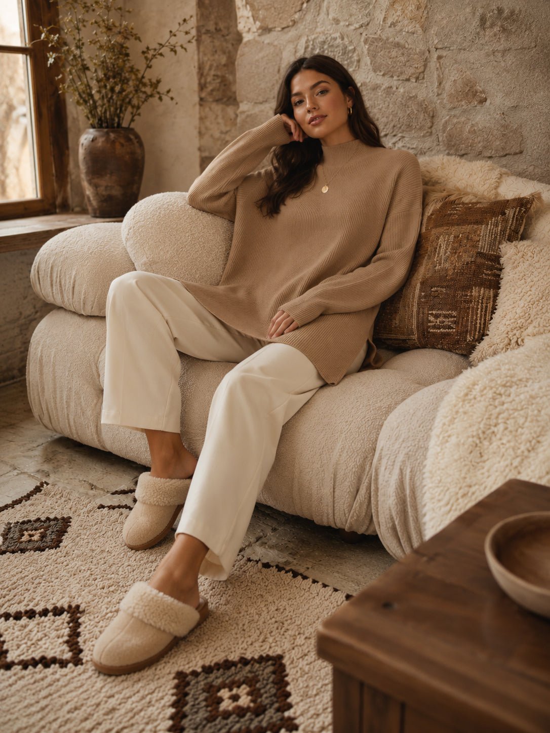 YUCOLEN Women's Oversized Ribbed Knit Turtleneck Pullover with Side Slit in Dark Brown