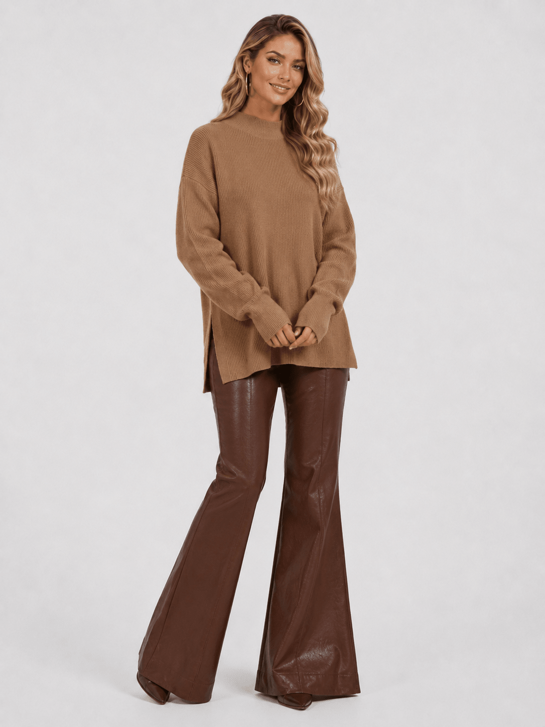 YUCOLEN Women's Oversized Ribbed Knit Turtleneck Pullover with Side Slit in Dark Brown